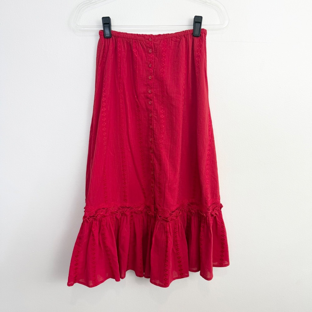 Majorelle Red Button Front Ruffle Midi Skirt Size S Boho Cottagecore